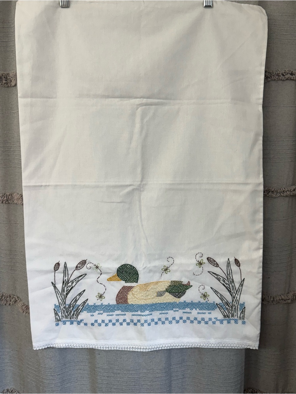 Handmade Cross-Stitched Mallard Duck White Pillowcases w/Lace Trim - Set of 2